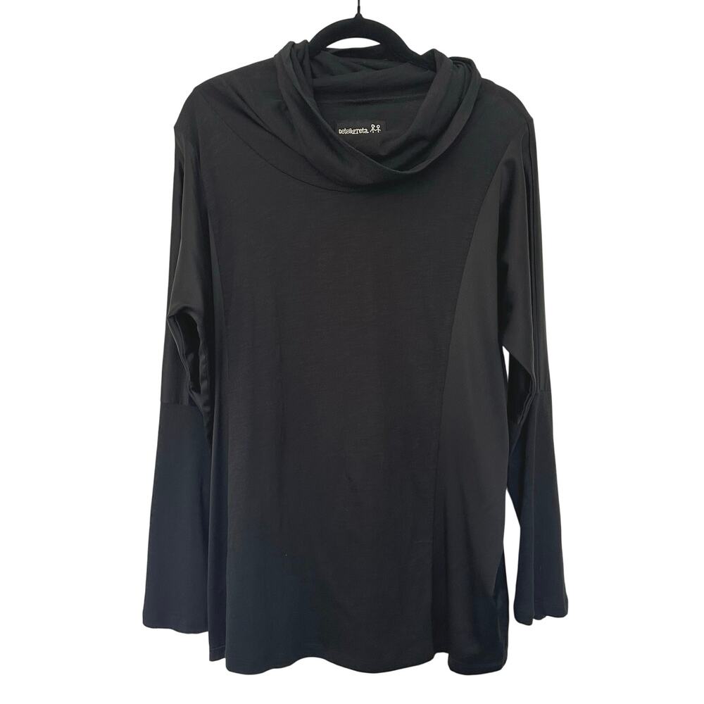 Pete & Greta Johnny Was M Black Cowl Neck Tunic Silk Trim Lagenlook Top